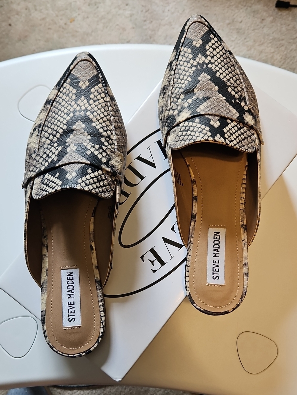 Steve Madden Snake-Print Pointed Toe Mules in Black and Beige